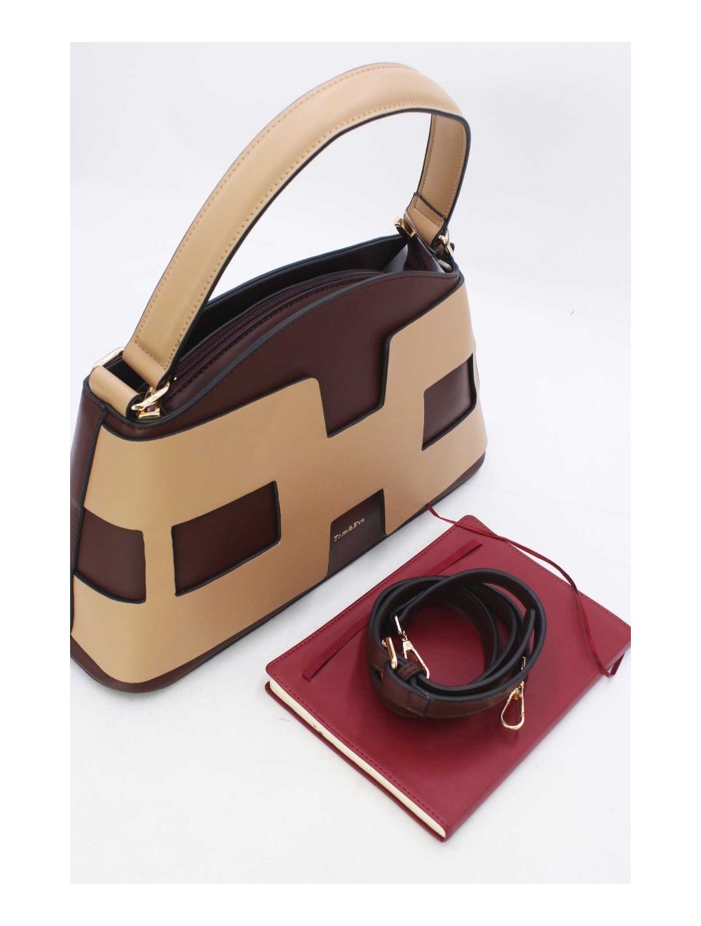 tom&eva Sac à Main Effet Cuir Lisse Bicolore 24B-5862-Coffee/Apricot