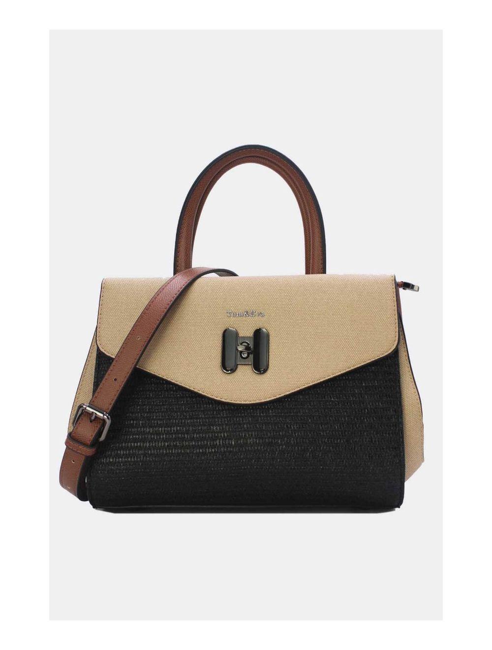 tom&eva Sac à Main Effet En Paille à Rabat Décoratif 24B-6025-Black/khaki/Coffee