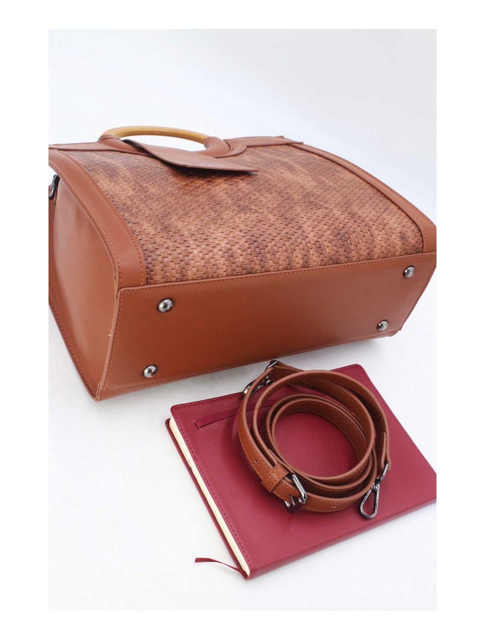 Tom&eva Sac à Main Effet Paille Et Anse En Bois 24B-6113-Café