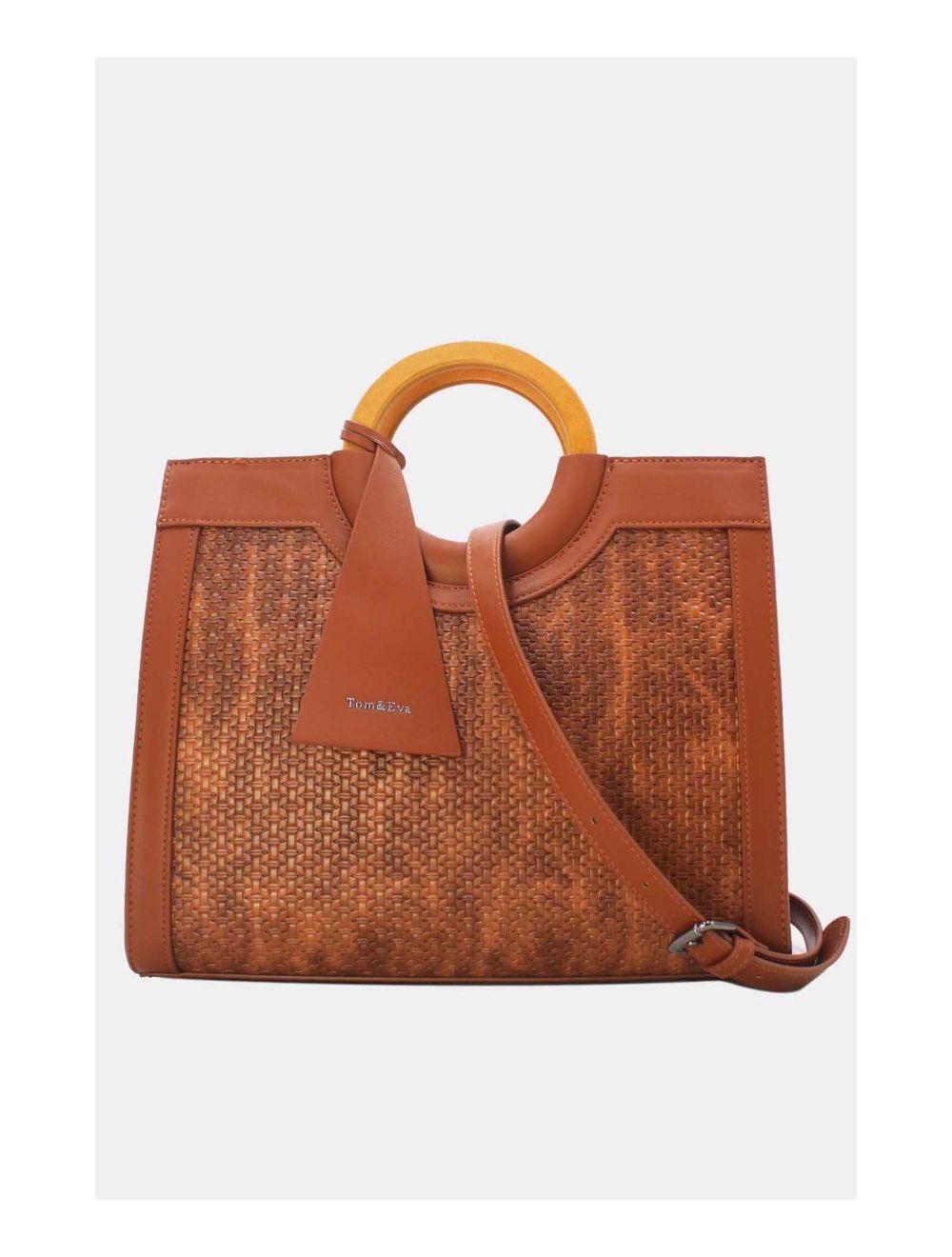 tom&eva Sac à Main Effet Paille Et Anse En Bois 24B-6113-Café