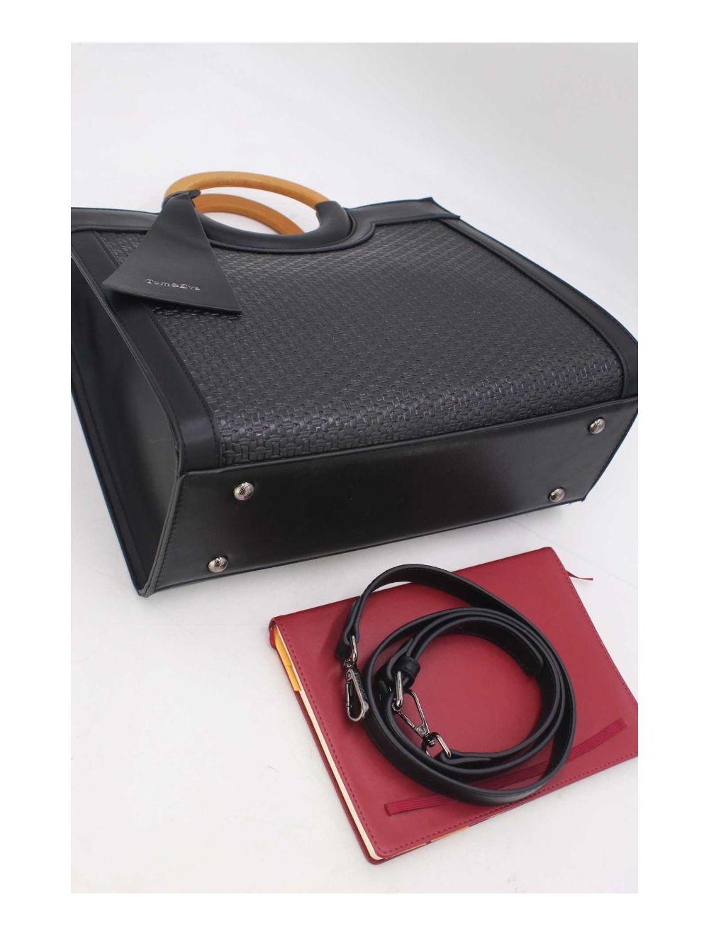 Tom&eva Sac à Main Effet Paille Et Anse En Bois 24B-6113-Noir