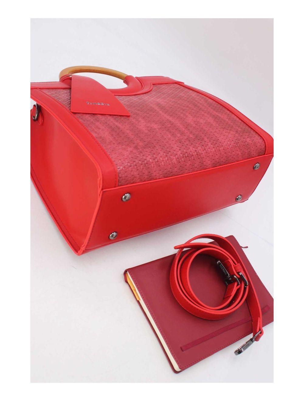 Tom&eva Sac à Main Effet Paille Et Anse En Bois 24B-6113-Red/Burgundy