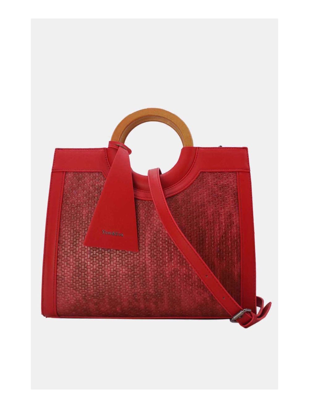 tom&eva Sac à Main Effet Paille Et Anse En Bois 24B-6113-Red/Burgundy