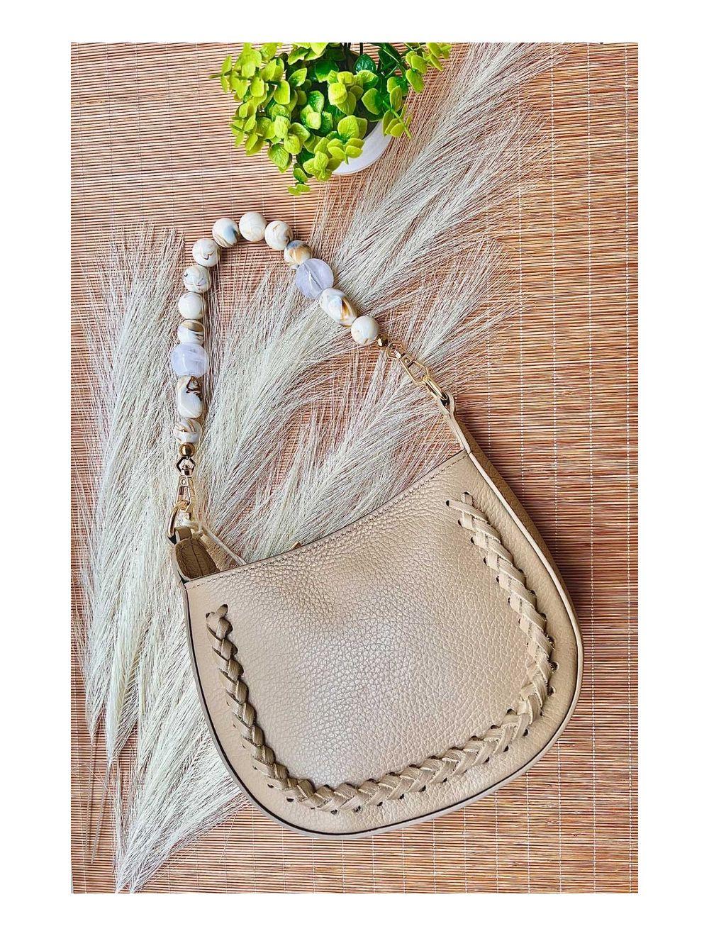 Tom&eva Sac à Main En Cuir Vachette Grainée Avec Poignée Perle Amovible 4079 JILL-Taupe