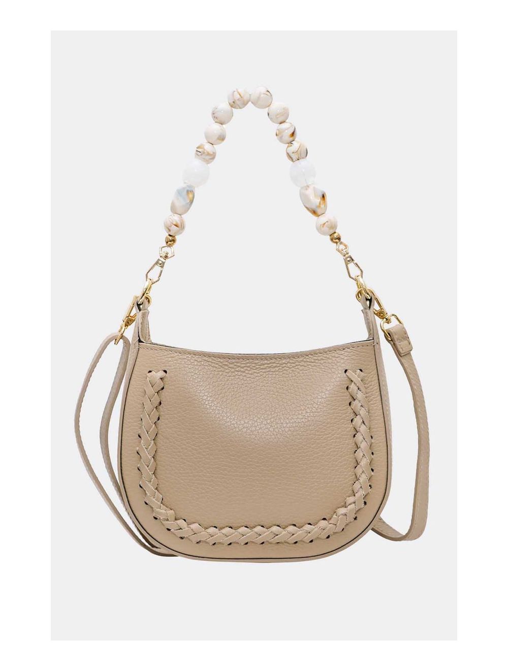 Tom&eva Sac à Main En Cuir Vachette Grainée Avec Poignée Perle Amovible 4079 JILL-Taupe
