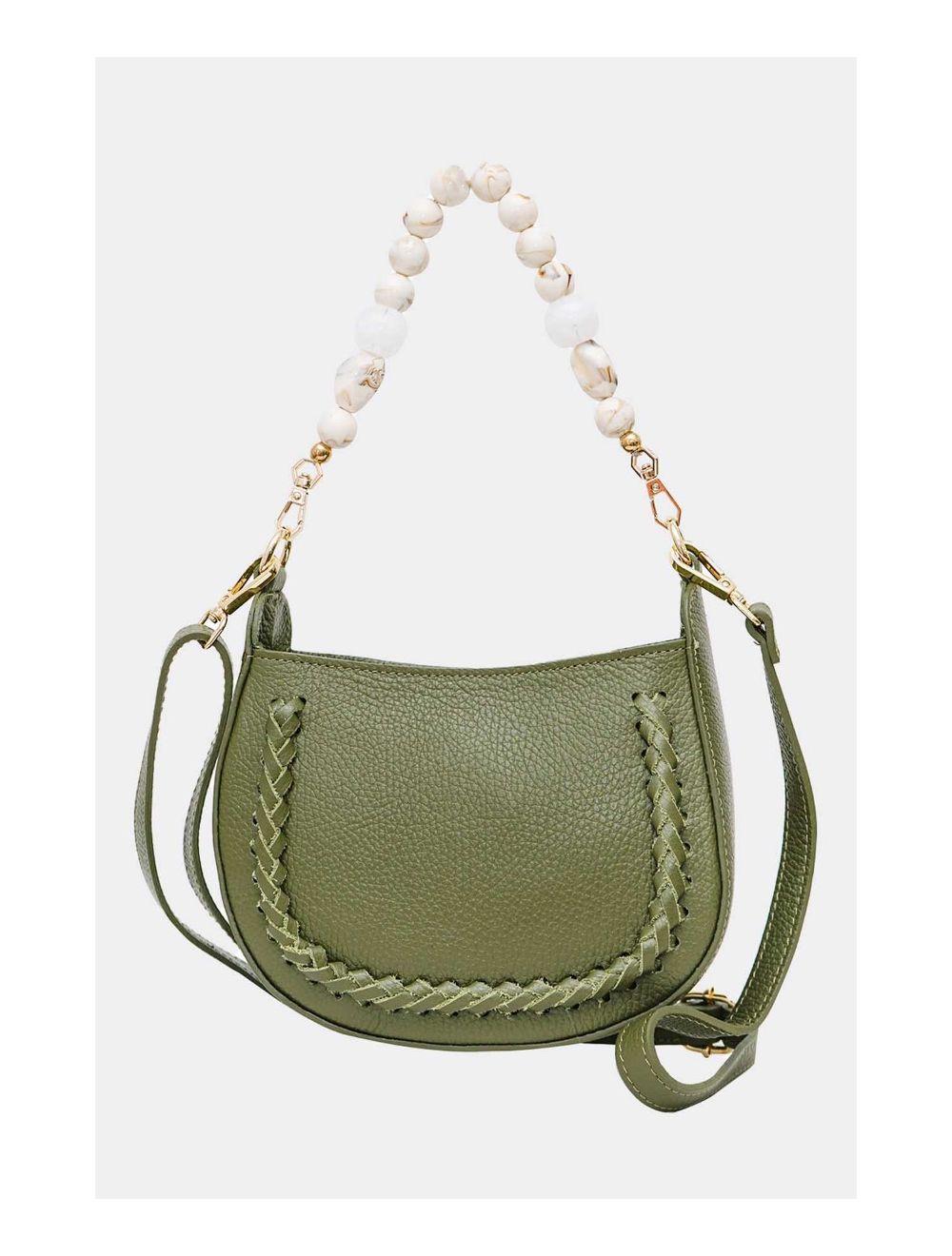 Tom&eva Sac à Main En Cuir Vachette Grainée Avec Poignée Perle Amovible 4079 JILL-Khaki