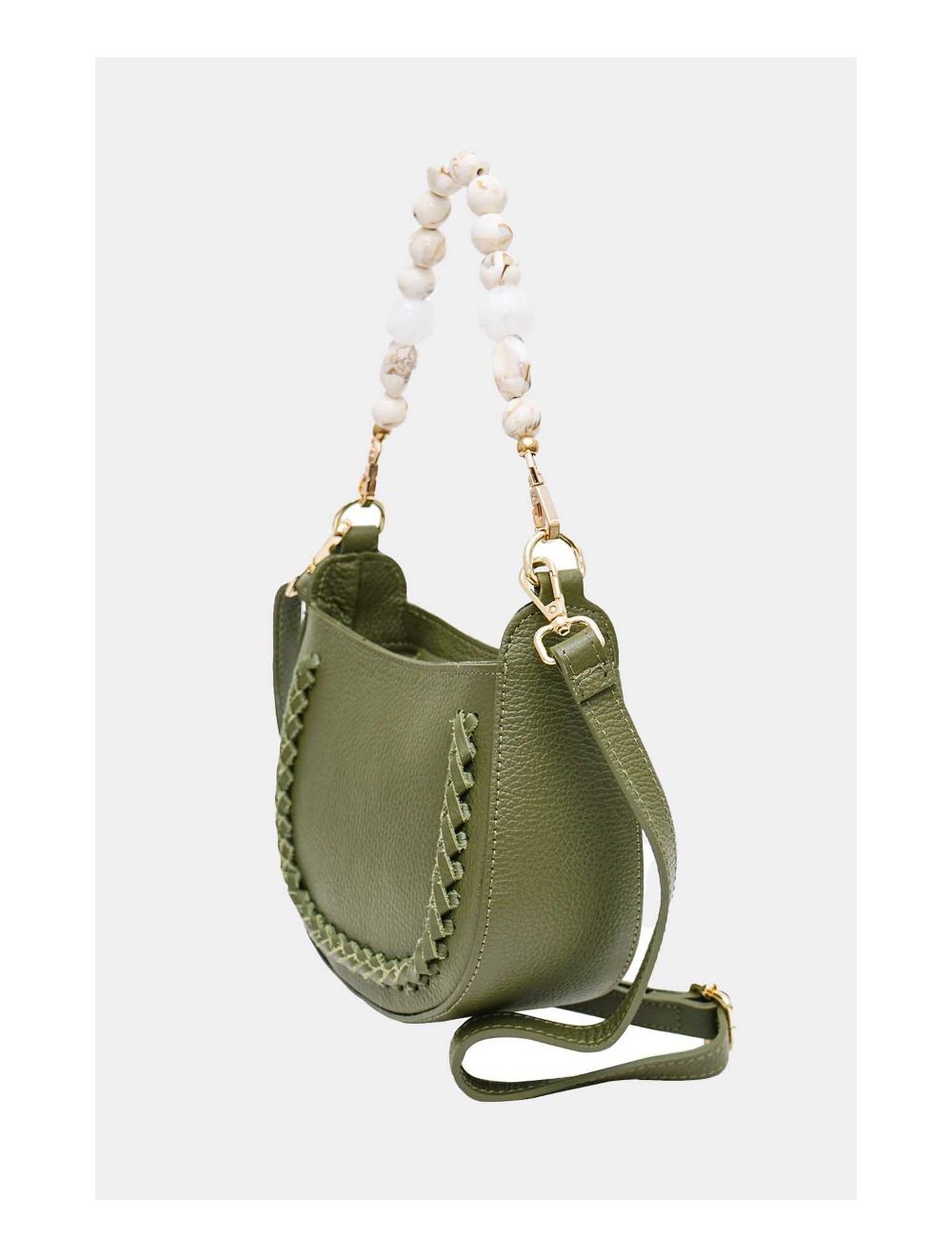 Tom&eva Sac à Main En Cuir Vachette Grainée Avec Poignée Perle Amovible 4079 JILL-Khaki