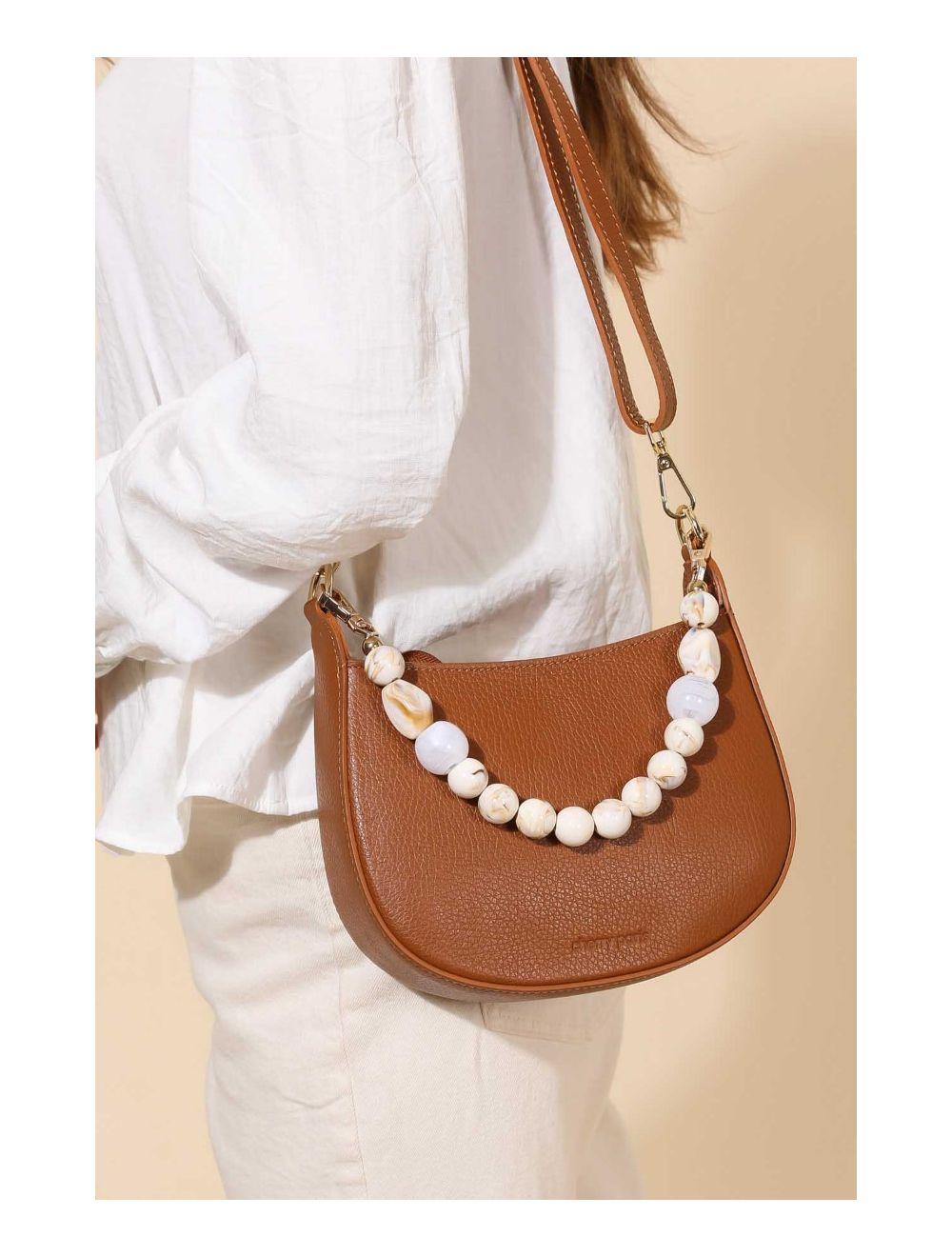 Tom&eva Sac à Main En Cuir Vachette Grainée Avec Poignée Perle Amovible 4079 JILL-Cognac