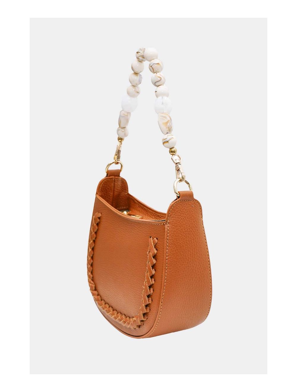 Tom&eva Sac à Main En Cuir Vachette Grainée Avec Poignée Perle Amovible 4079 JILL-Cognac