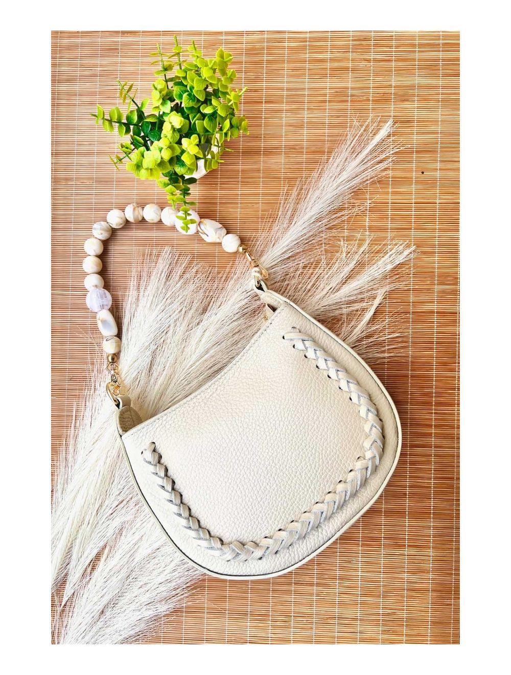 Tom&eva Sac à Main En Cuir Vachette Grainée Avec Poignée Perle Amovible 4079 JILL-Beige