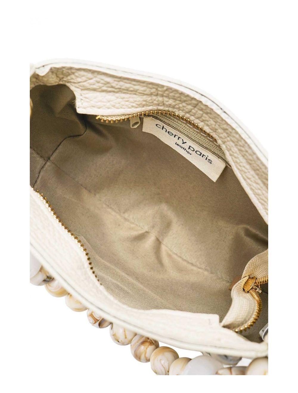 tom&eva Sac à Main en Cuir Vachette Grainée avec Poignée Perle Amovible 4079 JILL-Beige