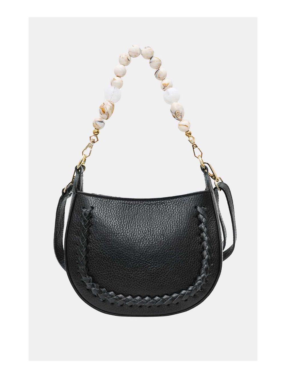 Tom&eva Sac à Main En Cuir Vachette Grainée Avec Poignée Perle Amovible 4079 JILL-Noir