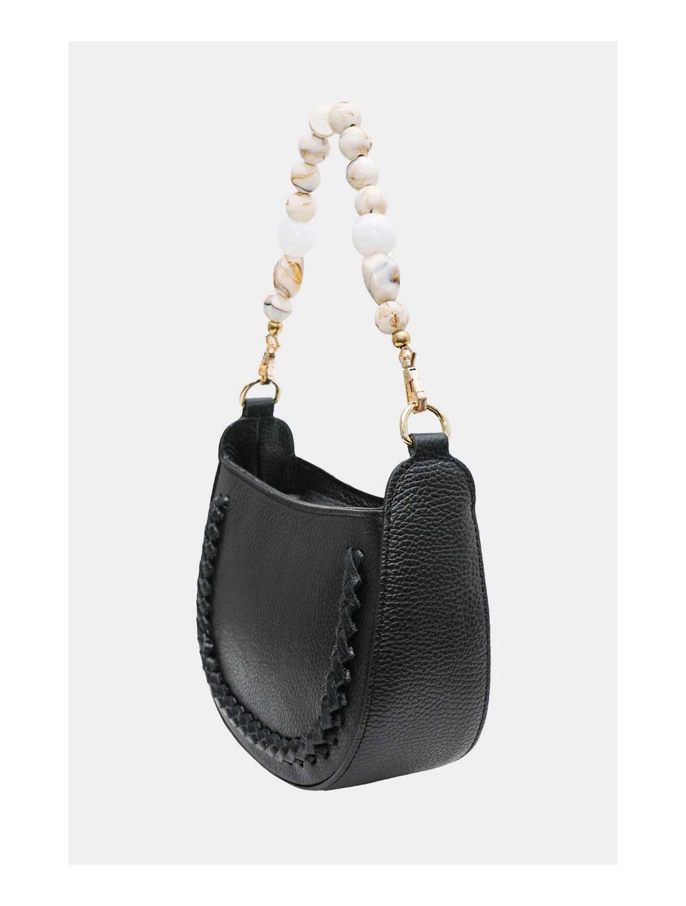 Tom&eva Sac à Main En Cuir Vachette Grainée Avec Poignée Perle Amovible 4079 JILL-Noir