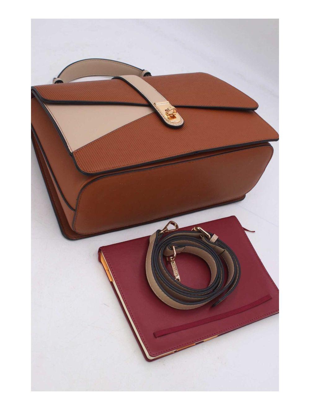 Tom&eva Sac à Main Patchwork Rayure Embossé 24B-6106-Brown/Apricot