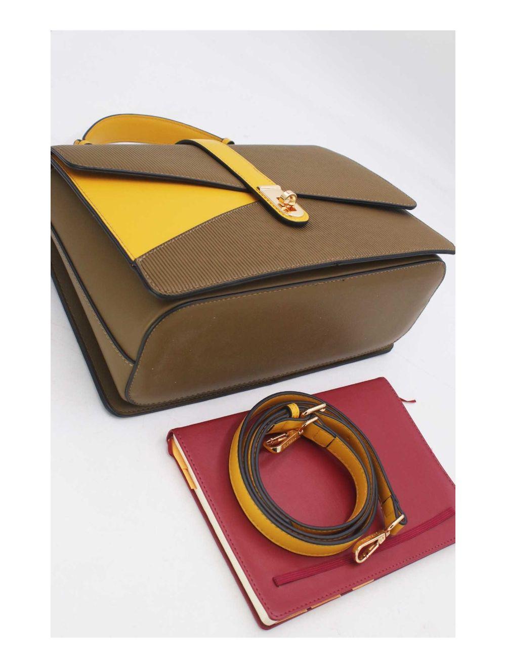 Tom&eva Sac à Main Patchwork Rayure Embossé 24B-6106-Taupe/Yellow