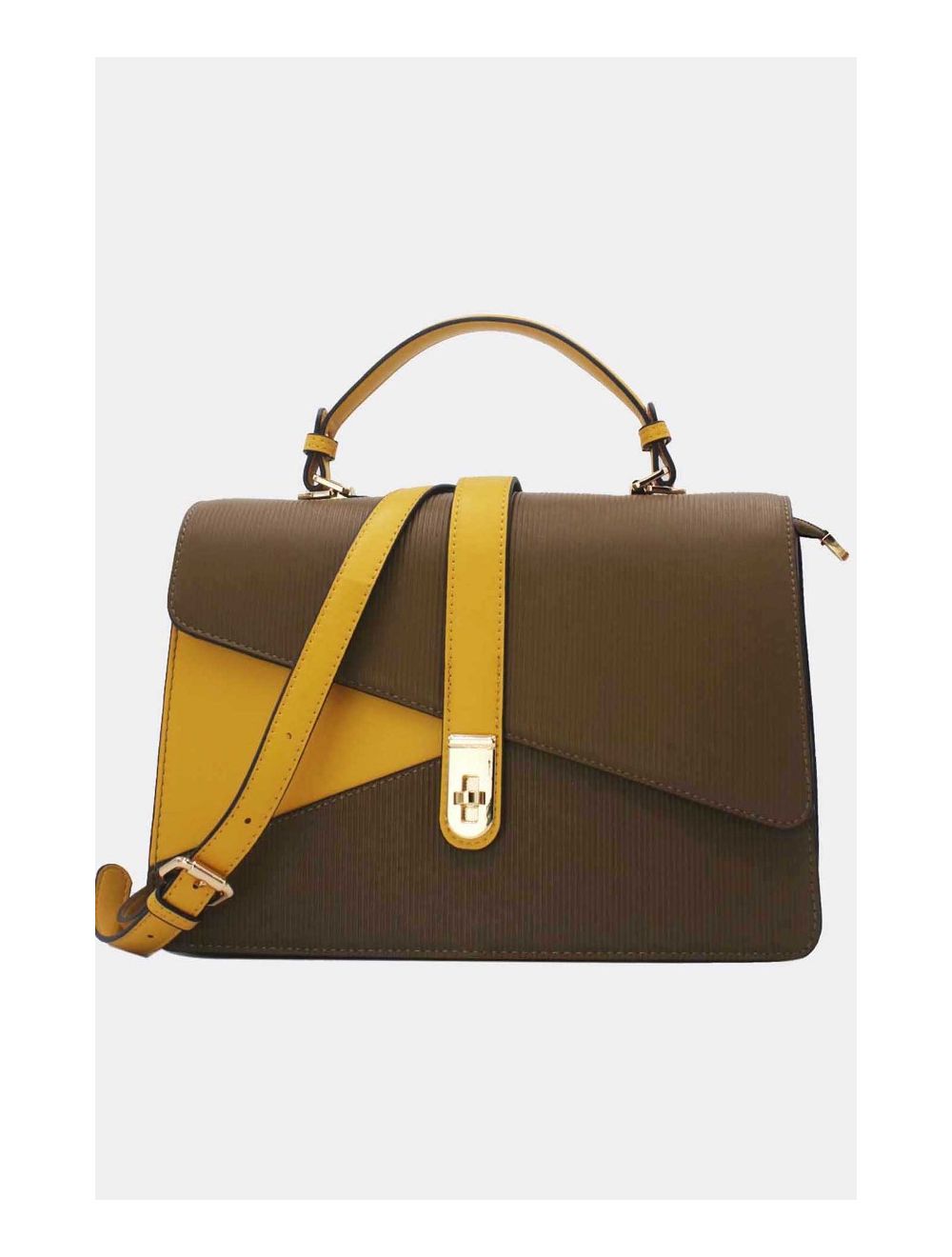 tom&eva Sac à Main Patchwork Rayure Embossé 24B-6106-Taupe/Yellow