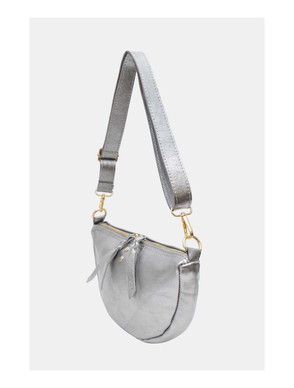 Tom&eva Sac Banana Forme Demi Lune En Croûte Cuir Vachette Métallisé METAL ELYSSA 4106-Silver