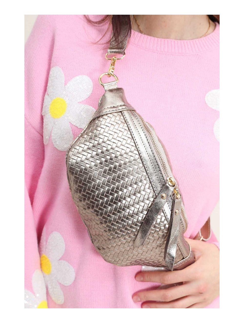 Tom&eva Sac Banane Croûte Cuir Vachette Métallisé Tressé 4107 SCARLETT-Etain