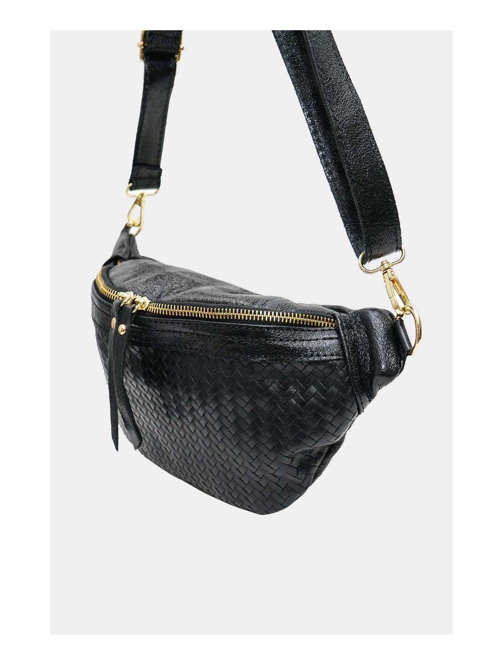 Tom&eva Sac Banane Croûte Cuir Vachette Métallisé Tressé 4107 SCARLETT-Noir Metal