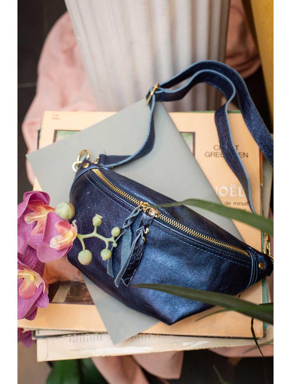 Tom&eva Sac Banane En Croûte De Cuir Vachette Métallisé NELLY METAL-4061-Bleu Metal