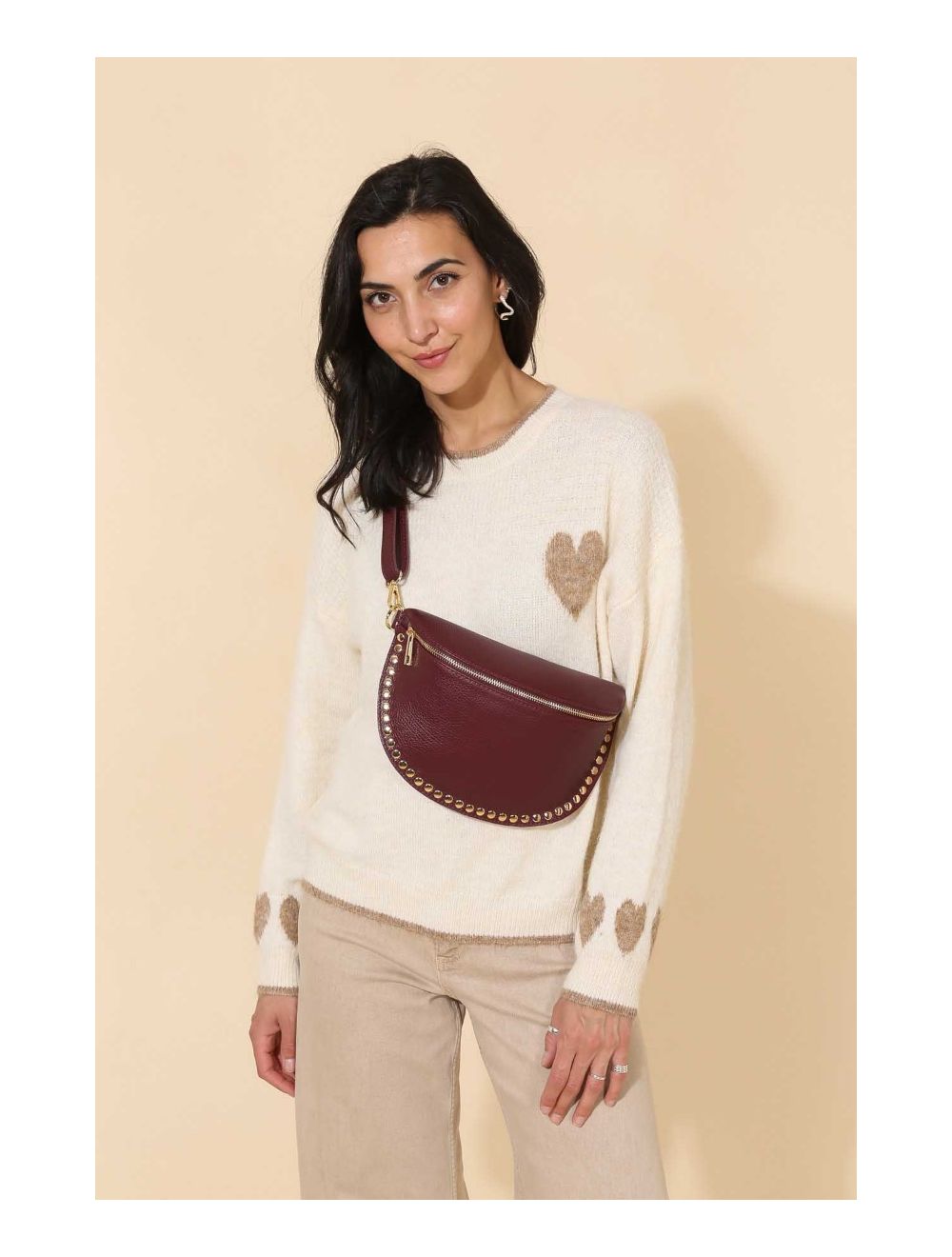 Tom&eva Sac Banane En Croûte Vachette Grainée Cloutée 4147 BEATRICE-Bordeaux
