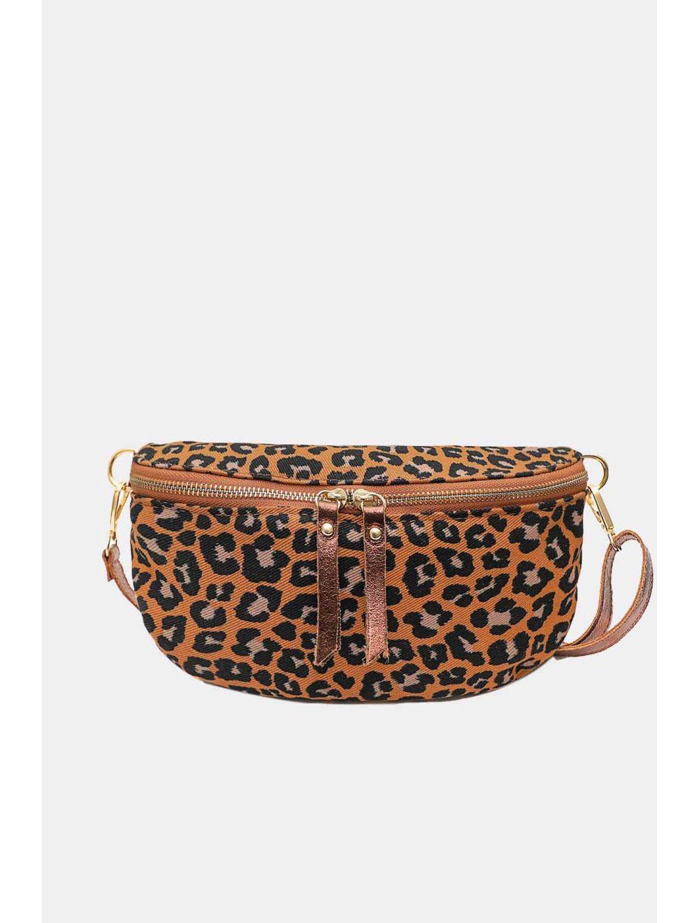 Tom&eva Sac Banane Textile Velours Garni Croûte Cuir Vachette Métallisé 4135B ROSA LEOPARD-CAMEL