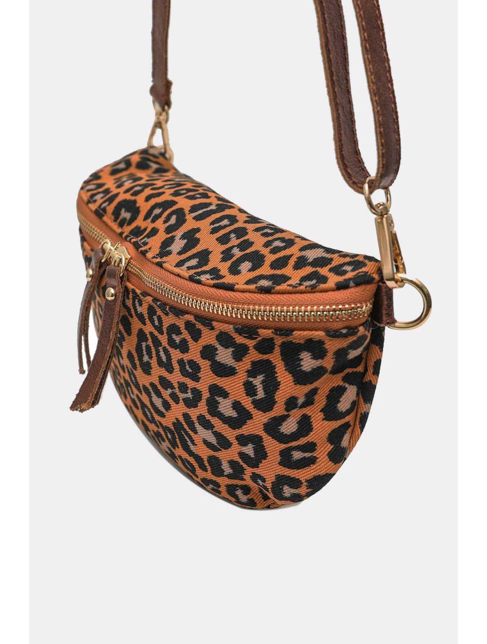 Tom&eva Sac Banane Textile Velours Garni Croûte Cuir Vachette Métallisé 4135B ROSA LEOPARD-CAMEL