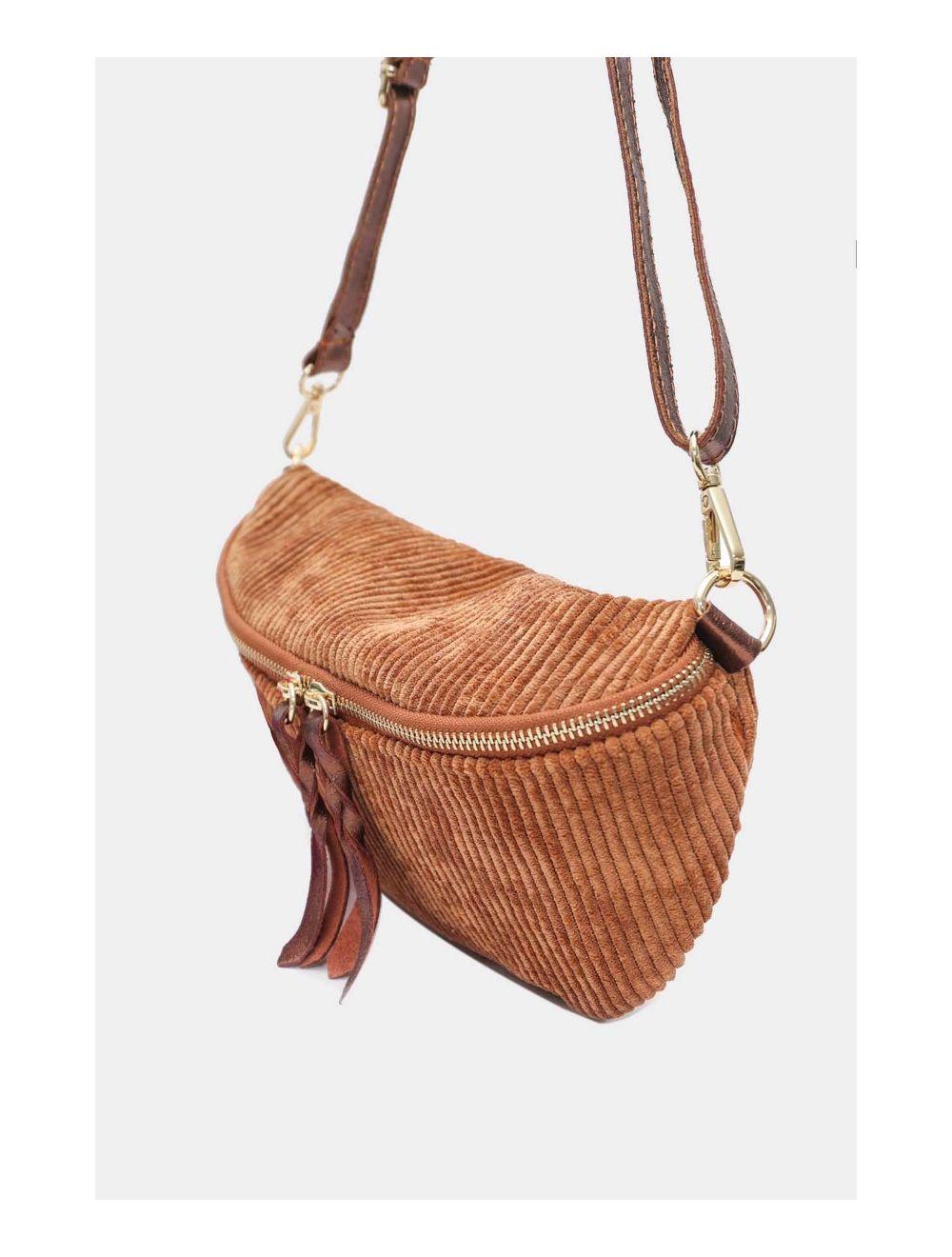 Tom&eva Sac Banane Textile Velours Garni Croûte Cuir Vachette Métallisé 4135 ROSA VELOURS-Camel