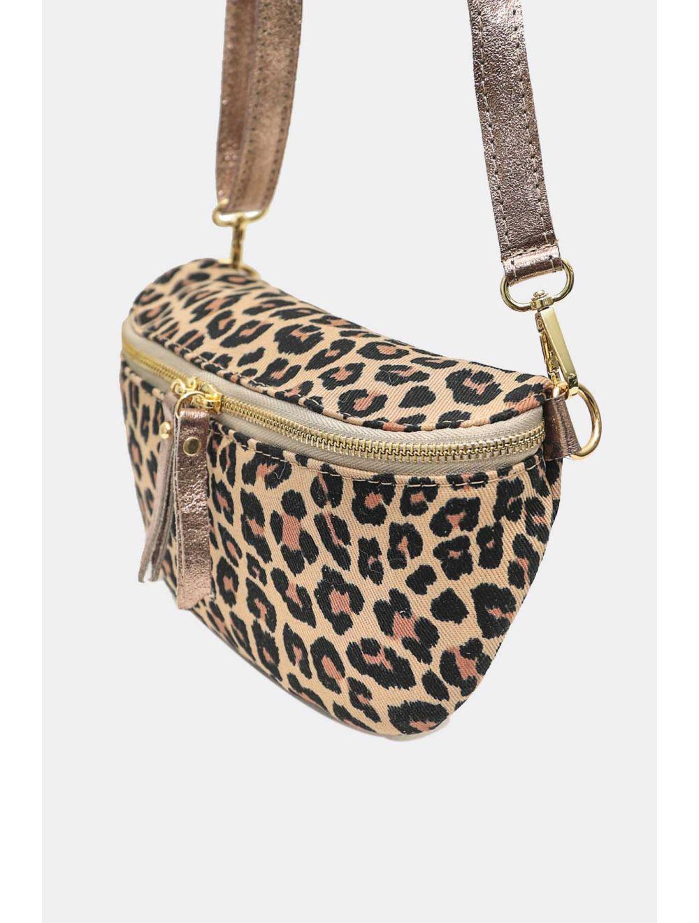 Tom&eva Sac Banane Textile Velours Garni Croûte Cuir Vachette Métallisé 4135B ROSA LEOPARD-TAUPE