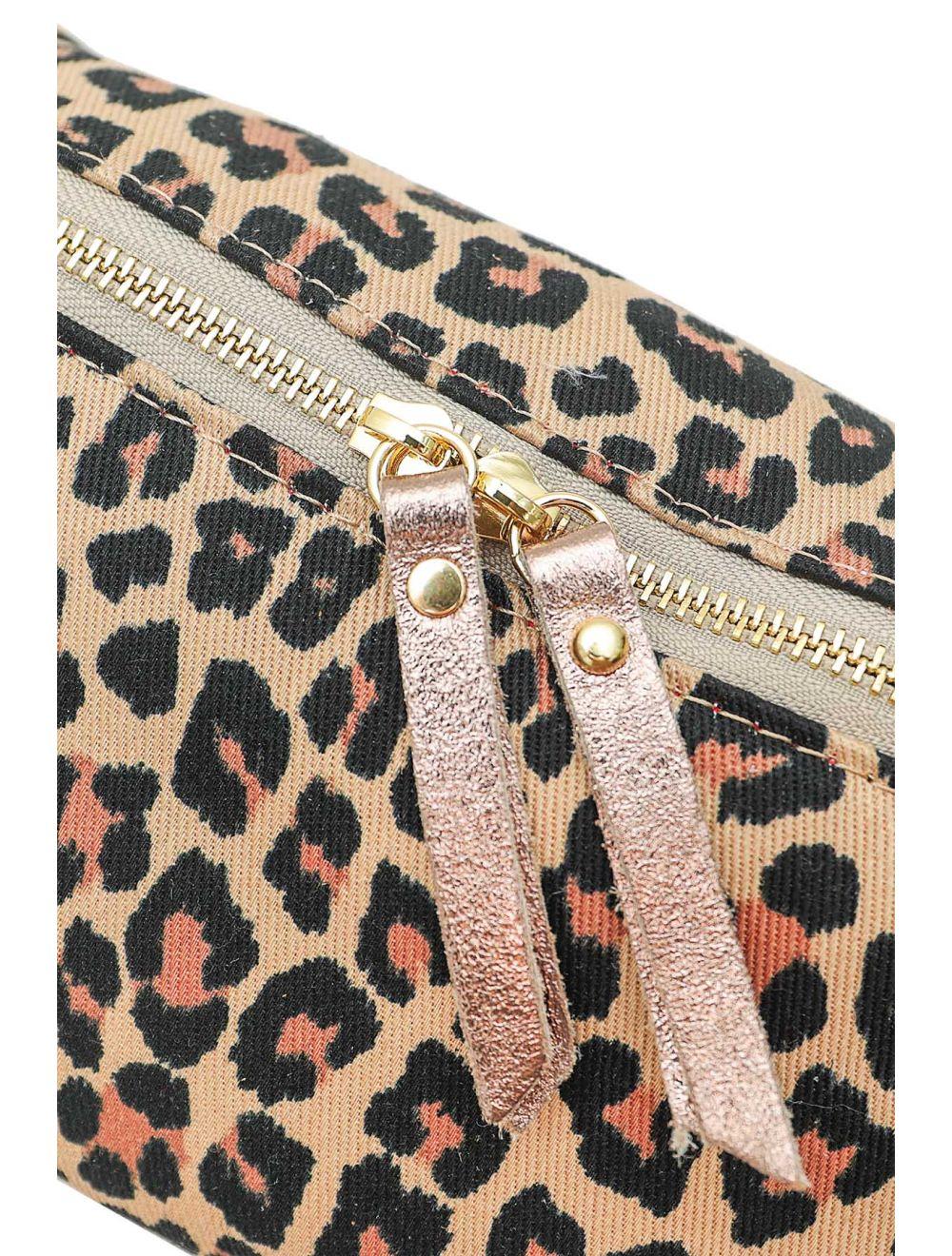 Tom&eva Sac Banane Textile Velours Garni Croûte Cuir Vachette Métallisé 4135B ROSA LEOPARD-TAUPE
