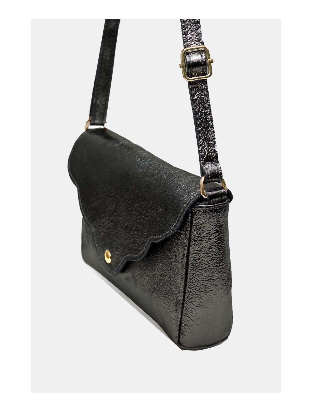 Tom&eva Sac Bandoulière En Croûte De Cuir Vachette Métalisé 4136 AMBRINE-NOIR METAL