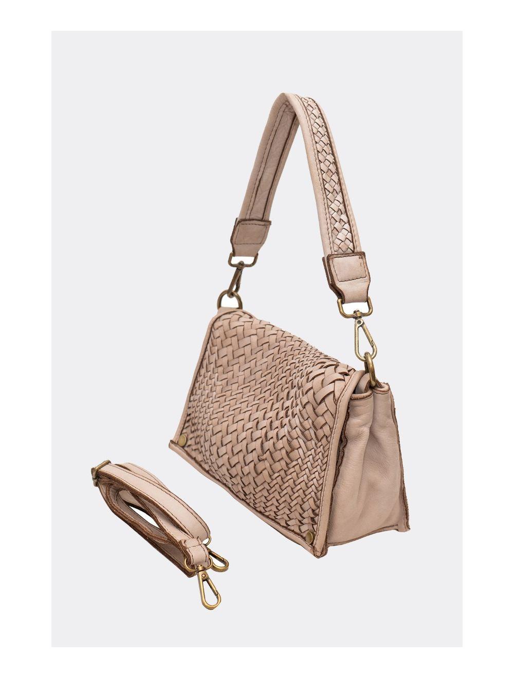 Tom&eva Sac Besace Porté Croisé Et épaule En Cuir Vachette Tressé MIRA 4114-Taupe