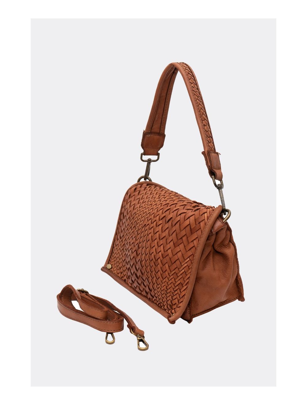 Tom&eva Sac Besace Porté Croisé Et épaule En Cuir Vachette Tressé MIRA 4114-Camel