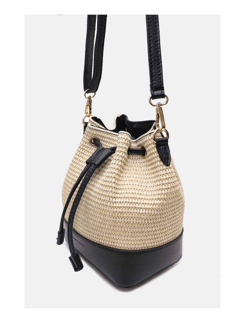 Tom&eva Sac Bourse En Cuir De Vachette Grainé Et En Raphia 4170 CINTHYA RAPHIA-Noir