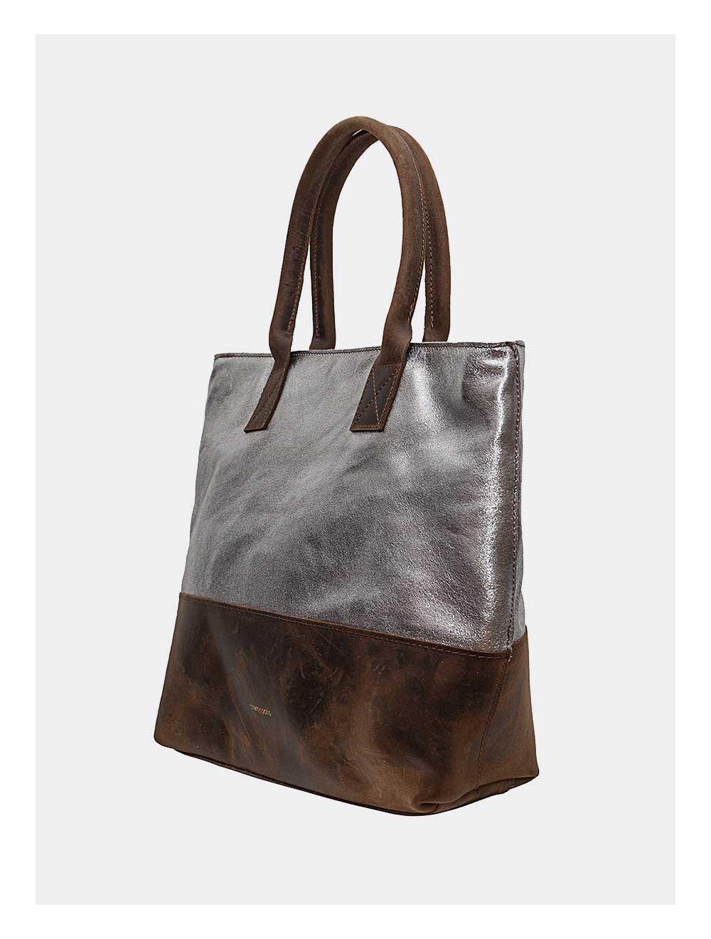 Tom&eva Sac Cabas Croûte Cuir Vachette Métallisé Bicolore-CORALIE 4041-ARGENT