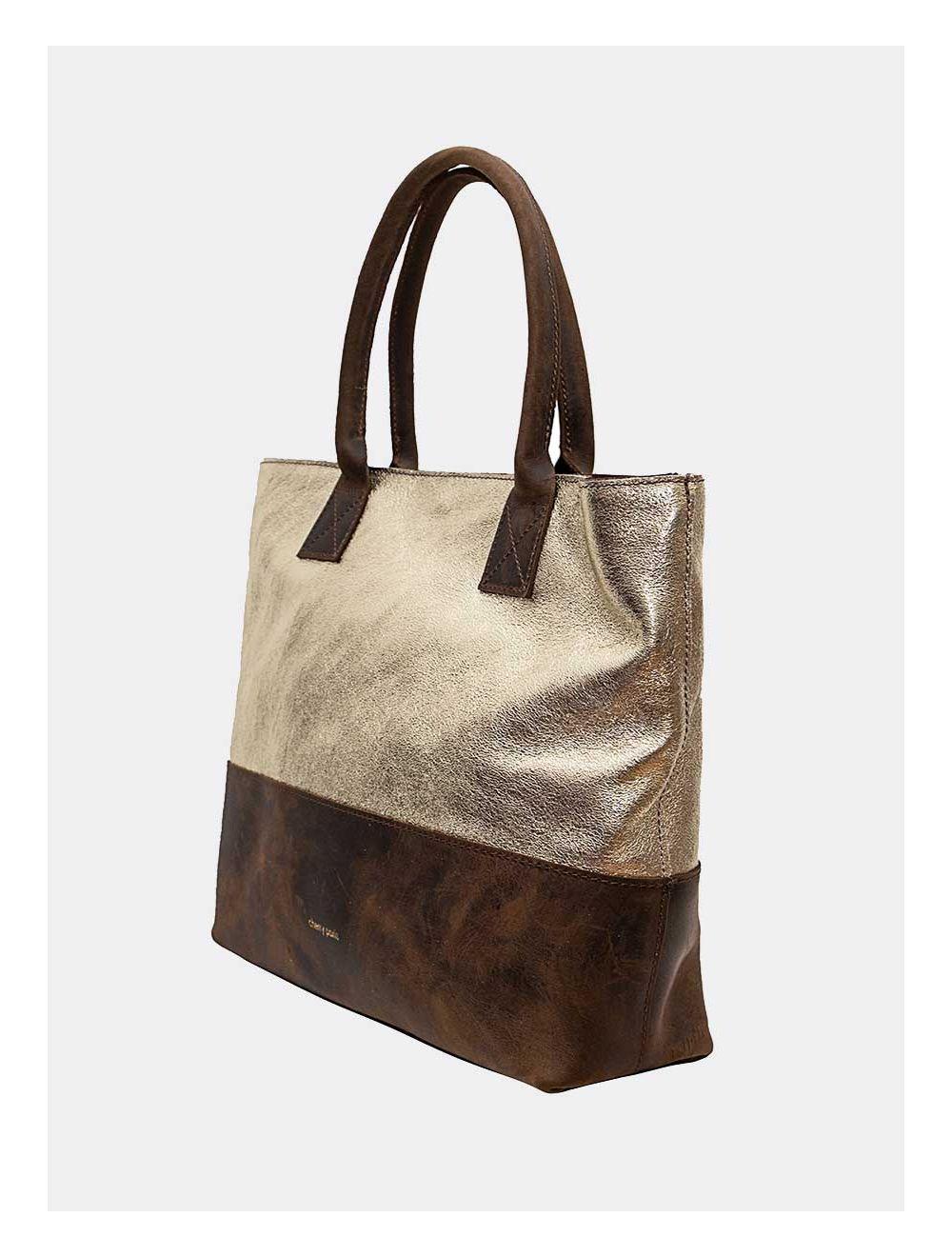 Tom&eva Sac Cabas Croûte Cuir Vachette Métallisé Bicolore-CORALIE 4041-DORE