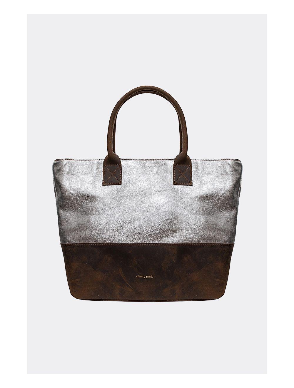 tom&eva Sac Cabas Croûte Cuir Vachette Métallisé Bicolore-CORALIE 4041-ARGENT