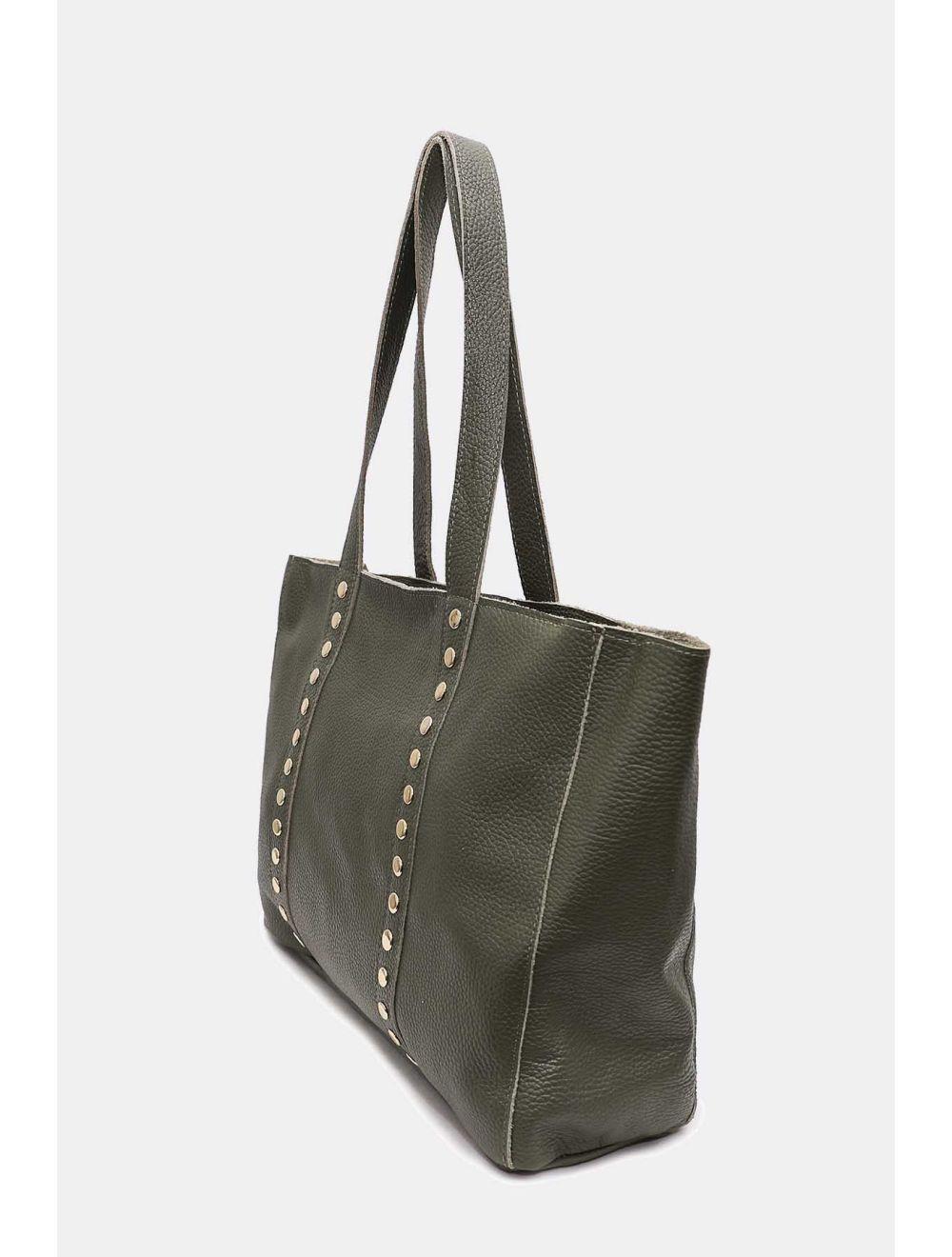 Tom&eva Sac Cabas Cuir De Vachette Grainé Clouté 4155 NOELIE-Kaki