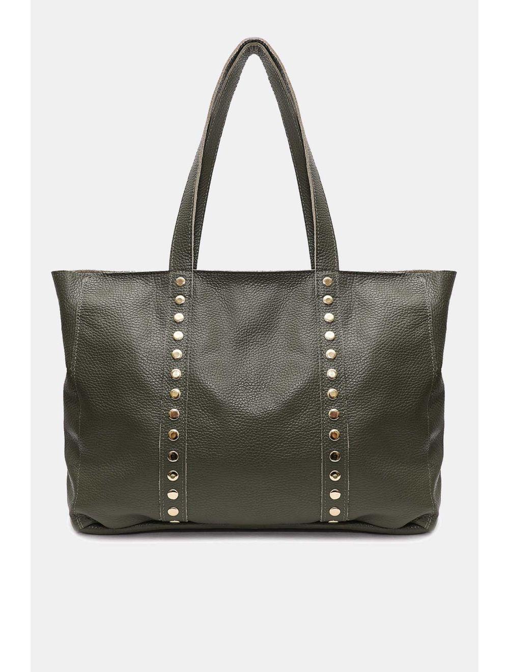 tom&eva Sac Cabas Cuir De Vachette Grainé Clouté 4155 NOELIE-Kaki