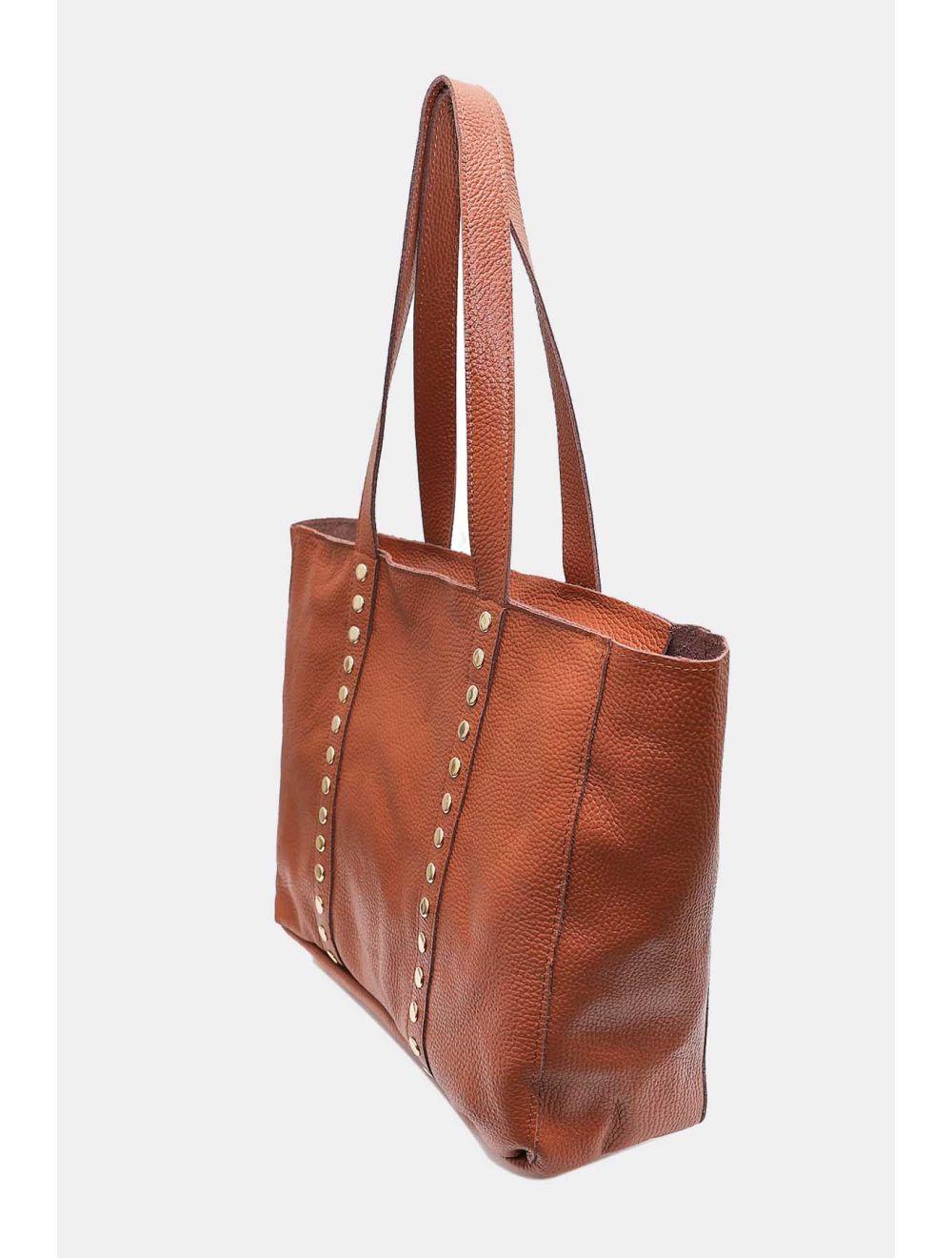 Tom&eva Sac Cabas Cuir De Vachette Grainé Clouté 4155 NOELIE-Cognac