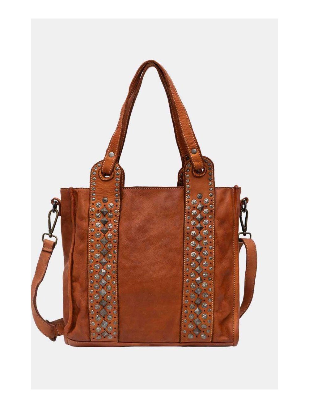 Tom&eva Sac Cabas En Cuir Vachette Style Vintage Clouté PRISCILLE 4119-Camel