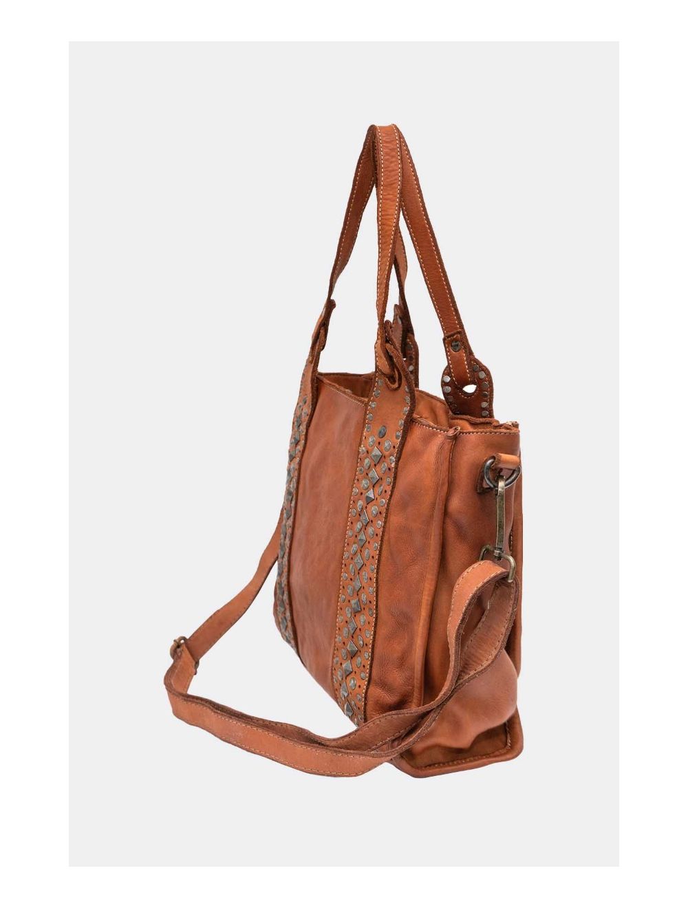 tom&eva Sac Cabas En Cuir Vachette Style Vintage Clouté PRISCILLE 4119-Camel