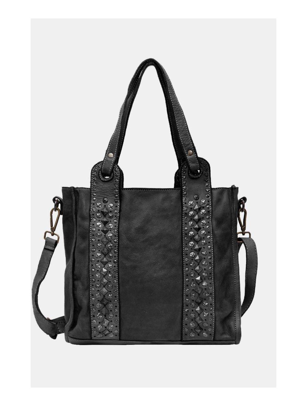 Tom&eva Sac Cabas En Cuir Vachette Style Vintage Clouté PRISCILLE 4119-Noir