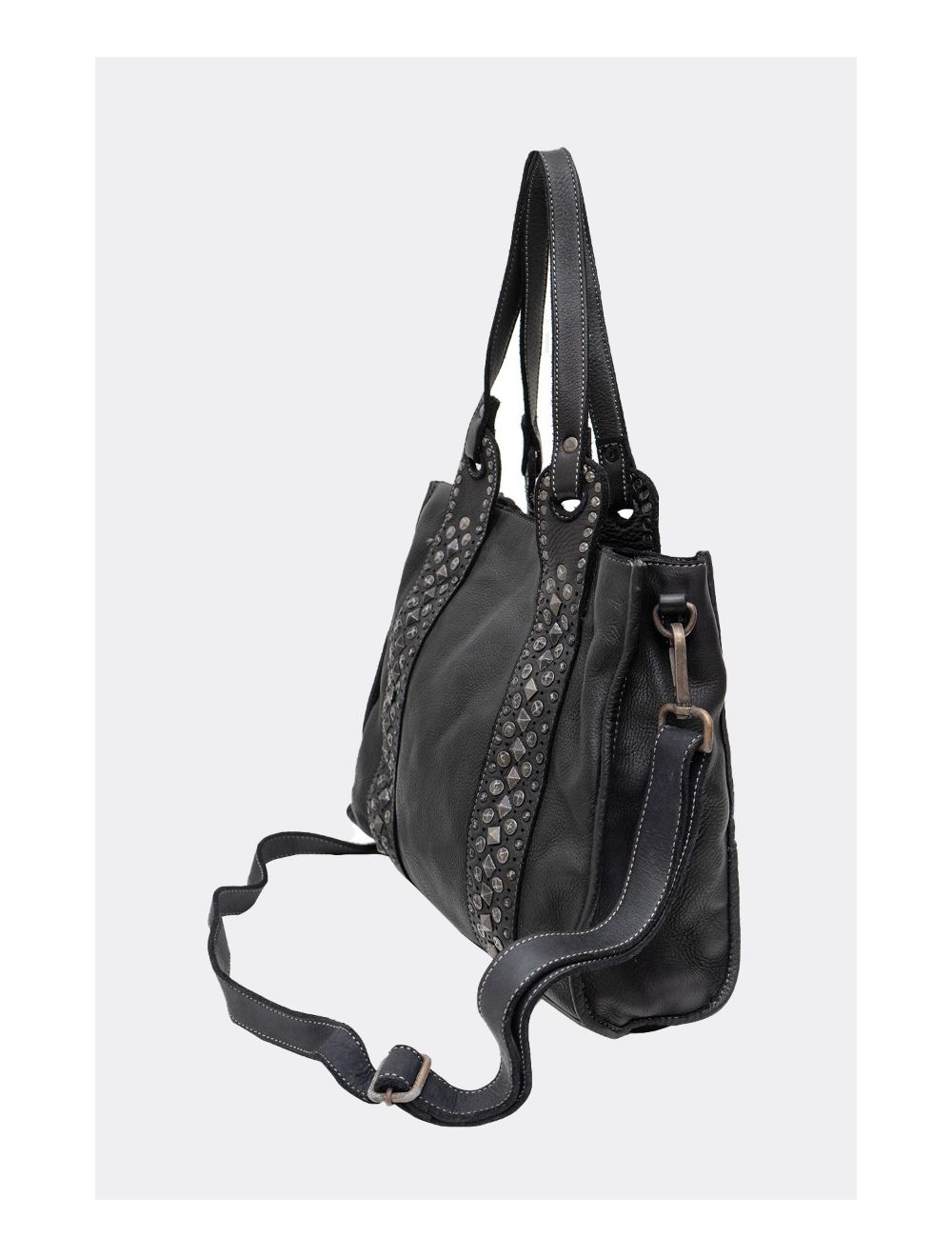 Tom&eva Sac Cabas En Cuir Vachette Style Vintage Clouté PRISCILLE 4119-Noir
