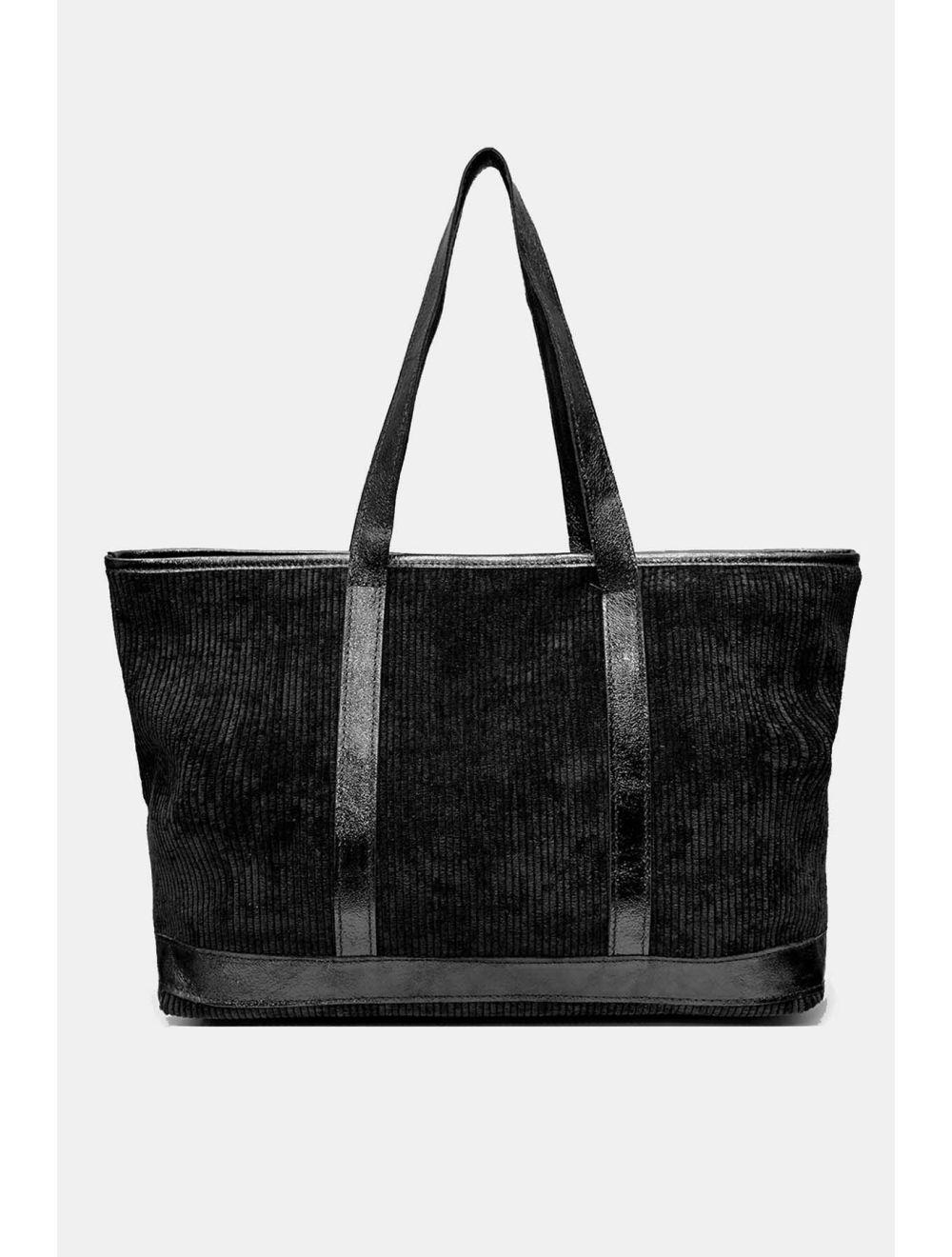 Tom&eva Sac Cabas En Textile Velours Garni Croûte Cuir Vachette 4133 SATINE-Noir