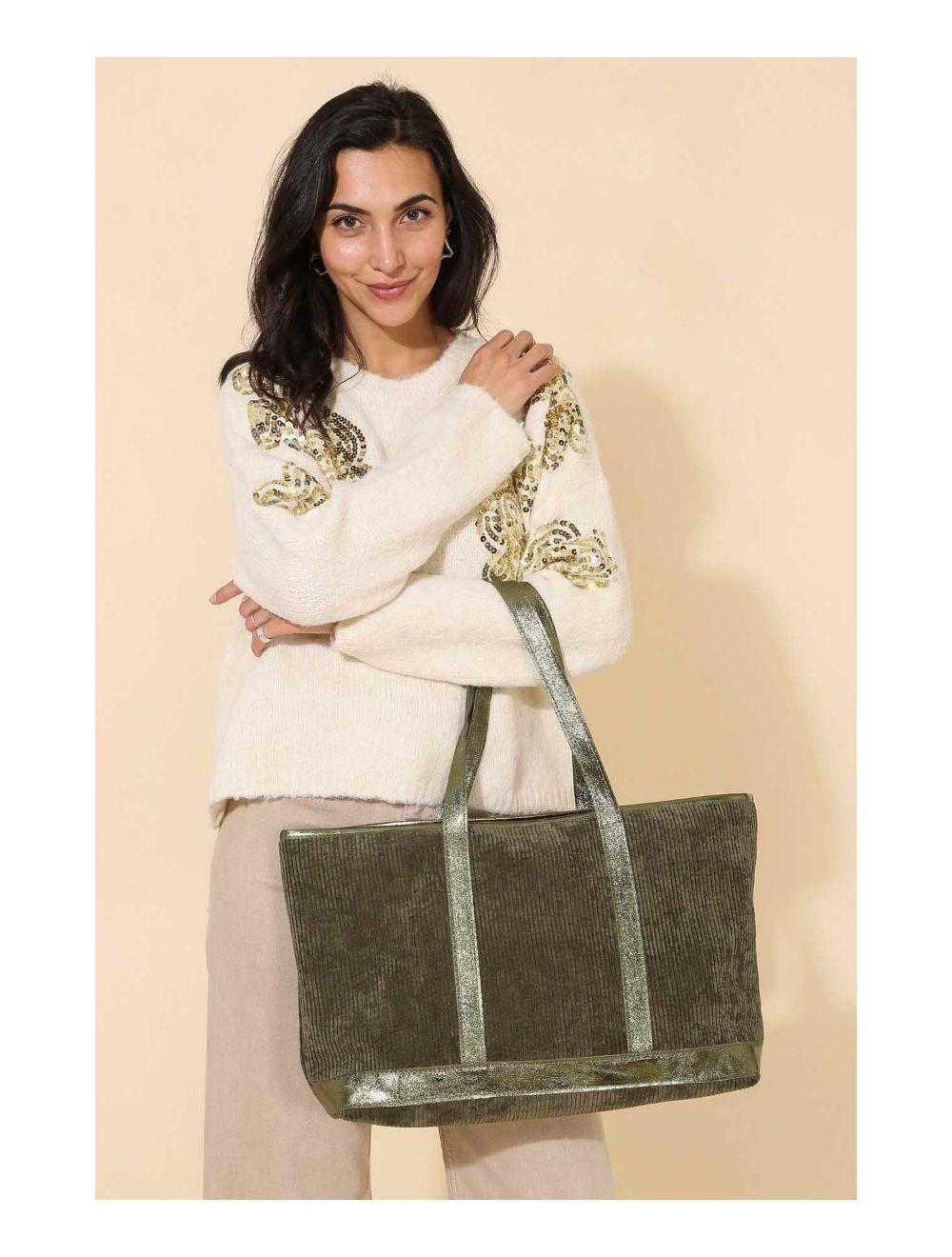 Tom&eva Sac Cabas En Textile Velours Garni Croûte Cuir Vachette 4133 SATINE-Kaki