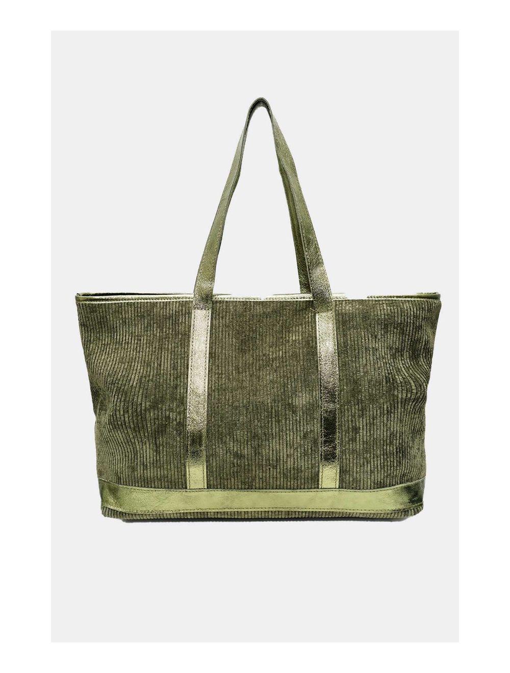 Tom&eva Sac Cabas En Textile Velours Garni Croûte Cuir Vachette 4133 SATINE-Kaki