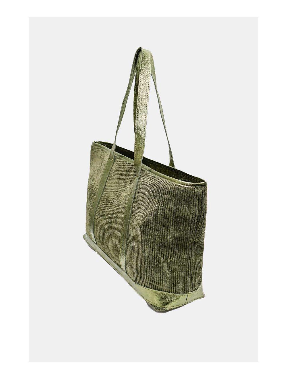 Tom&eva Sac Cabas En Textile Velours Garni Croûte Cuir Vachette 4133 SATINE-Kaki