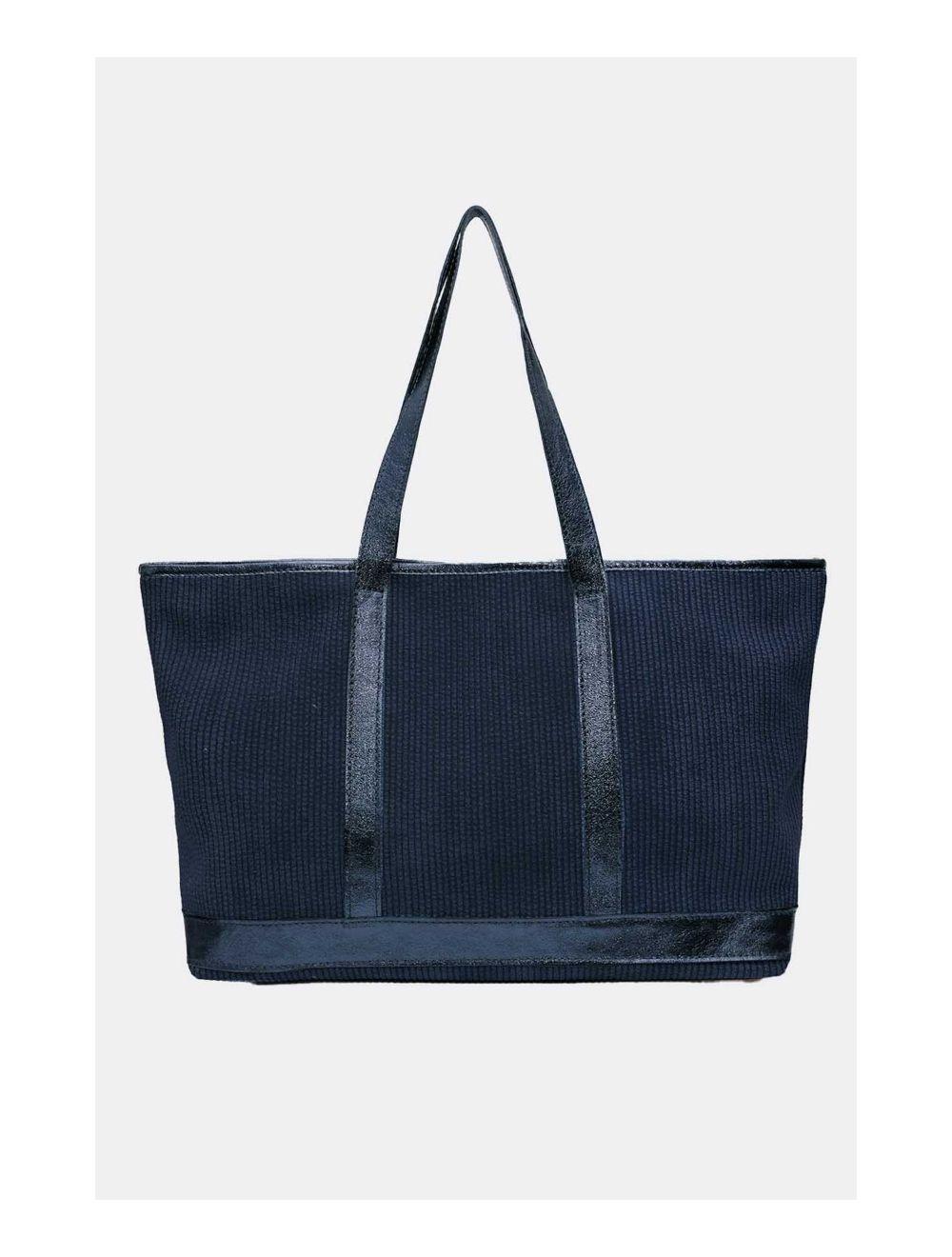 Tom&eva Sac Cabas En Textile Velours Garni Croûte Cuir Vachette 4133 SATINE-Bleu