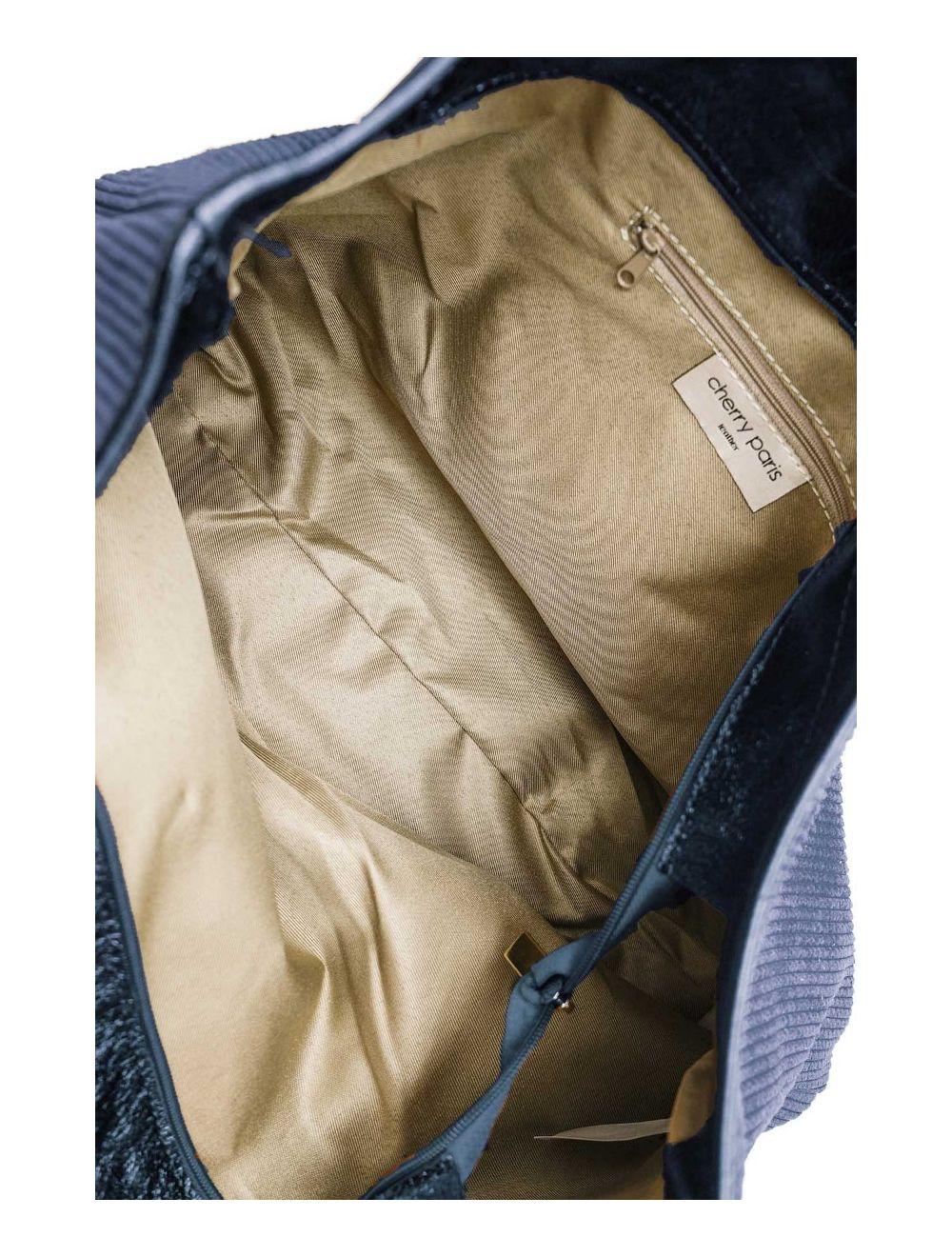 tom&eva Sac Cabas en Textile Velours Garni Croûte Cuir Vachette 4133 SATINE-Bleu